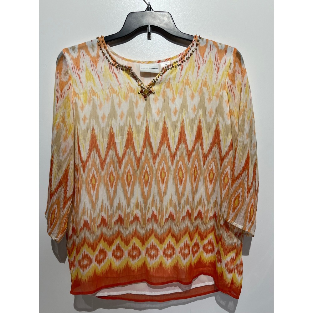 Alfred Dunner Womens 14 Orange Ikat Chevron Beaded Neckline 3/4 Sleeve Blouse